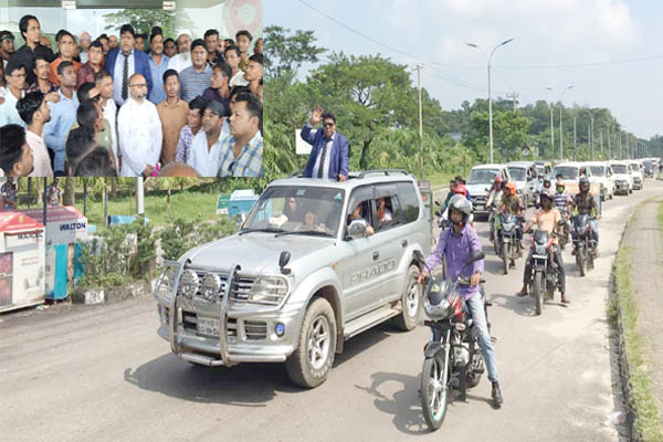 মোটরসাইকলে ও মোটর শোভাযাত্রায় বিমানবন্দর থেকে বিশ্বনাথে ফিরছেন নুনু মিয়া